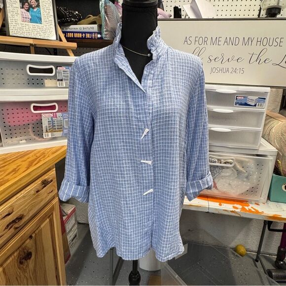Ali miles 100% cotton blue and white checkered button down with 3/4 sleeves sz S - Picture 1 of 6